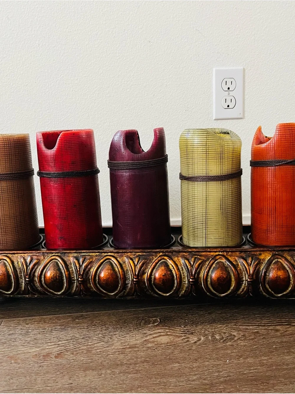 Decorative Multicolor Pillar Candle Set with Ornate Tray